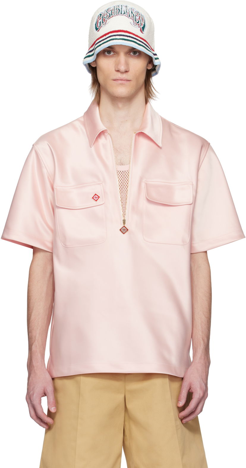 Polo skjorte Casablanca Casablanca Satin Quarter Zip Shirt Lyserød | MS25-SH-154-02