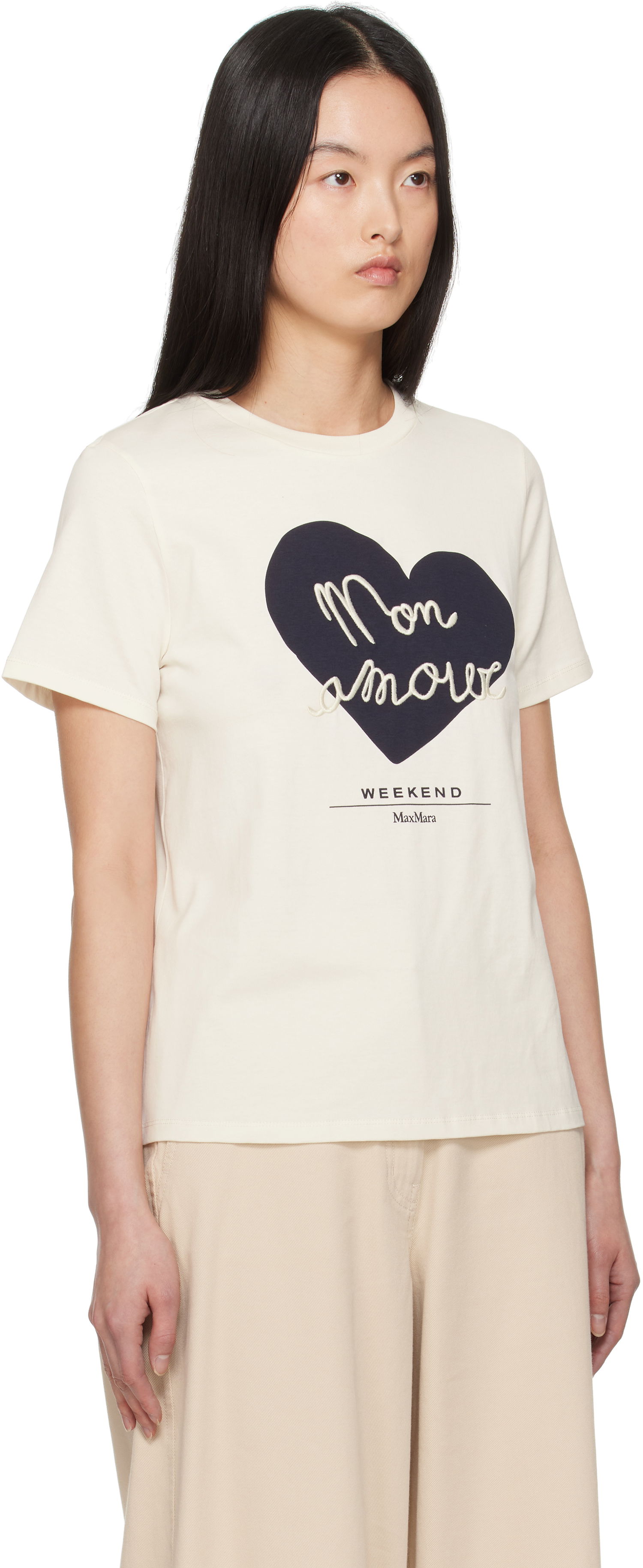 T-shirt Max Mara Weekend Max Mara Vello T-Shirt with Heart Applique Beige | 2515971051600, 1