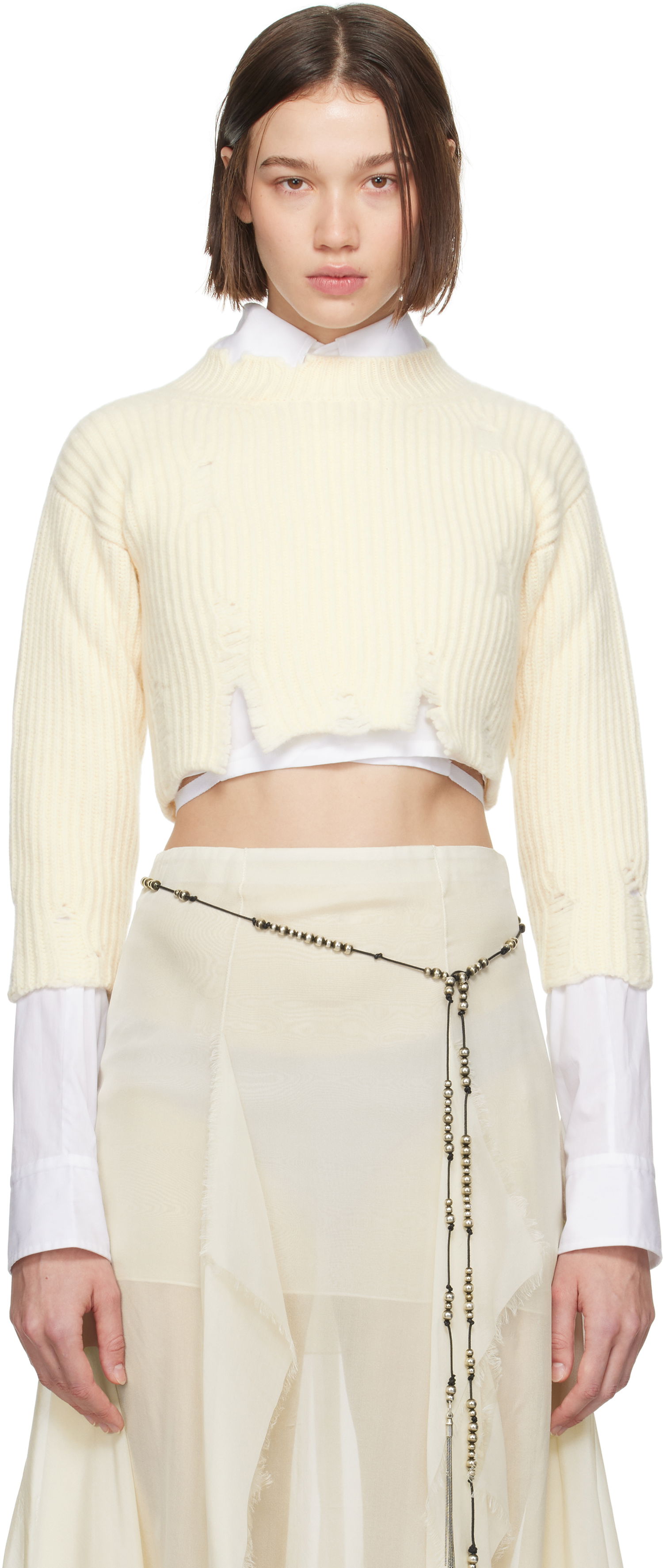 Sweater Ann Demeulemeester Cropped Distressed-Hem Sweater Hvid | 2402-W-KN30-KN048-003, 0