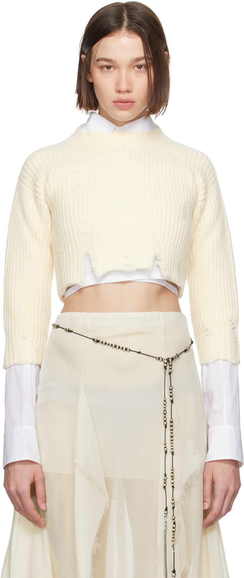 Sweater Ann Demeulemeester Cropped Distressed-Hem Sweater Hvid | 2402-W-KN30-KN048-003