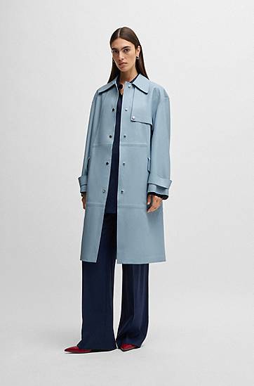 Trenchcoat BOSS Leather Trench Coat with Silver-Tone Trims Blå | 50531308, 1