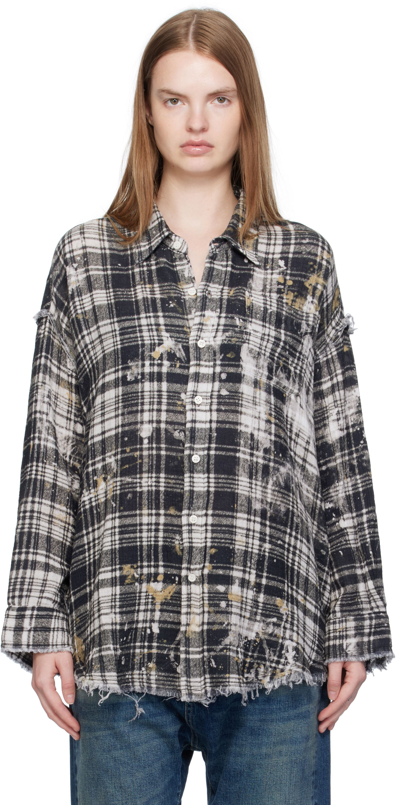 Skjorte R13 R13 Shredded Seam Drop Neck Plaid Shirt Sort | R13WR075-R557B, 0