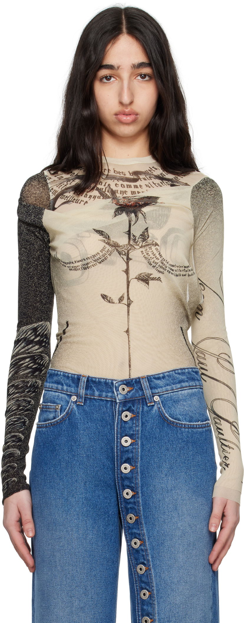 T-shirts og tank tops Jean Paul Gaultier Jean Paul Gaultier 'The Tattoo Rose and Bird' Printed Mesh Bodysuit Beige | 25/34-F-BD066-T583-030030