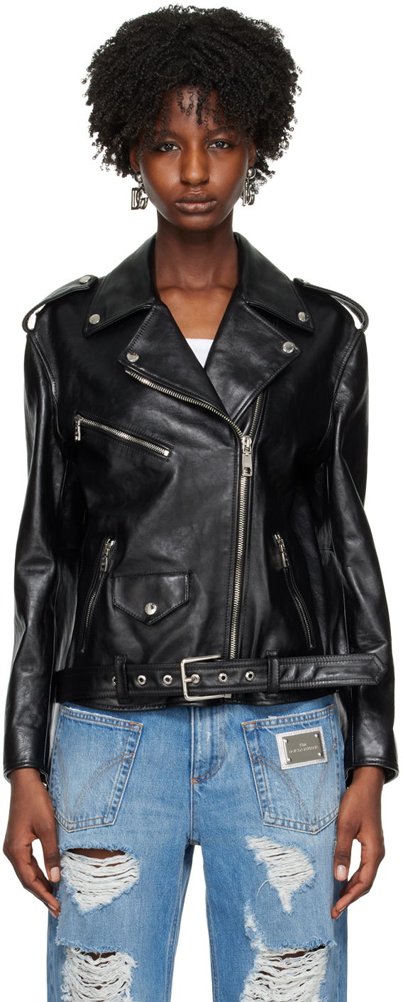 Jakke Dolce & Gabbana Black Pin-Buckle Belt Leather Jacket Sort | F9P52L HULRK