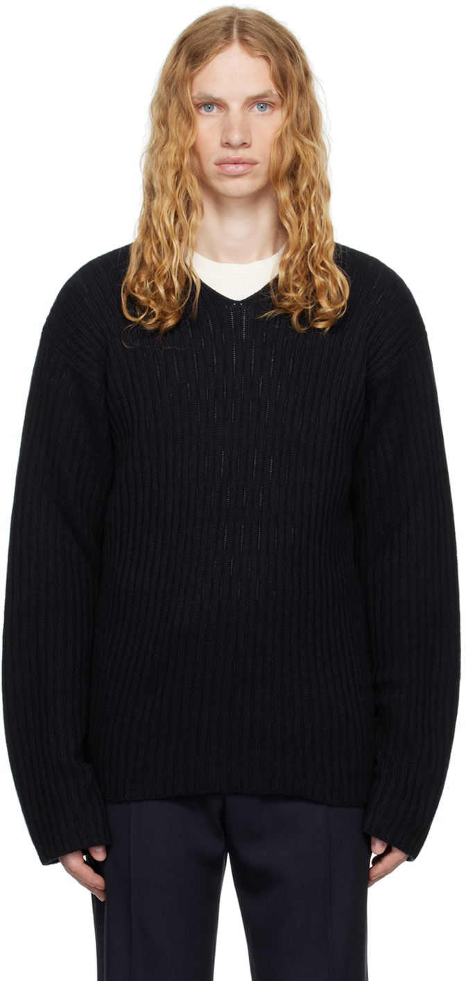 Sweater The Row The Row Gustave Ribbed V-Neck Sweater Sort | 713-Y556