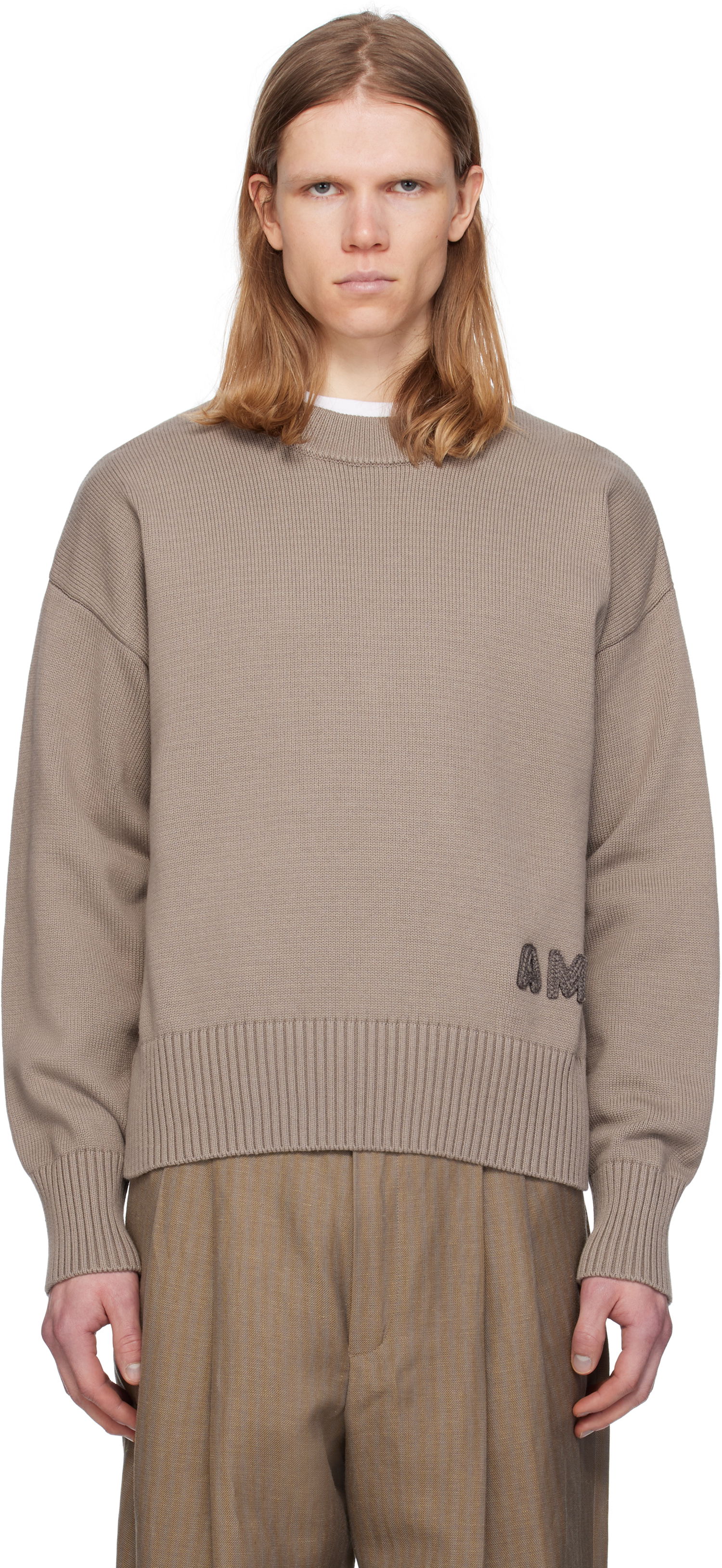Sweater AMI AMI Paris Embroidered Crewneck Sweater Brun | HKS163.KN0063, 0