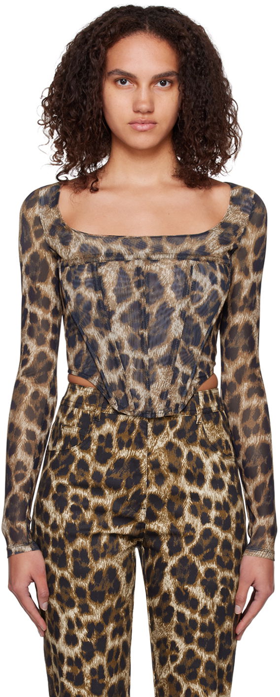 Crop top Miaou Miaou Leopard Maude Long Sleeve Corset Top Brun | 7065PM1NIK