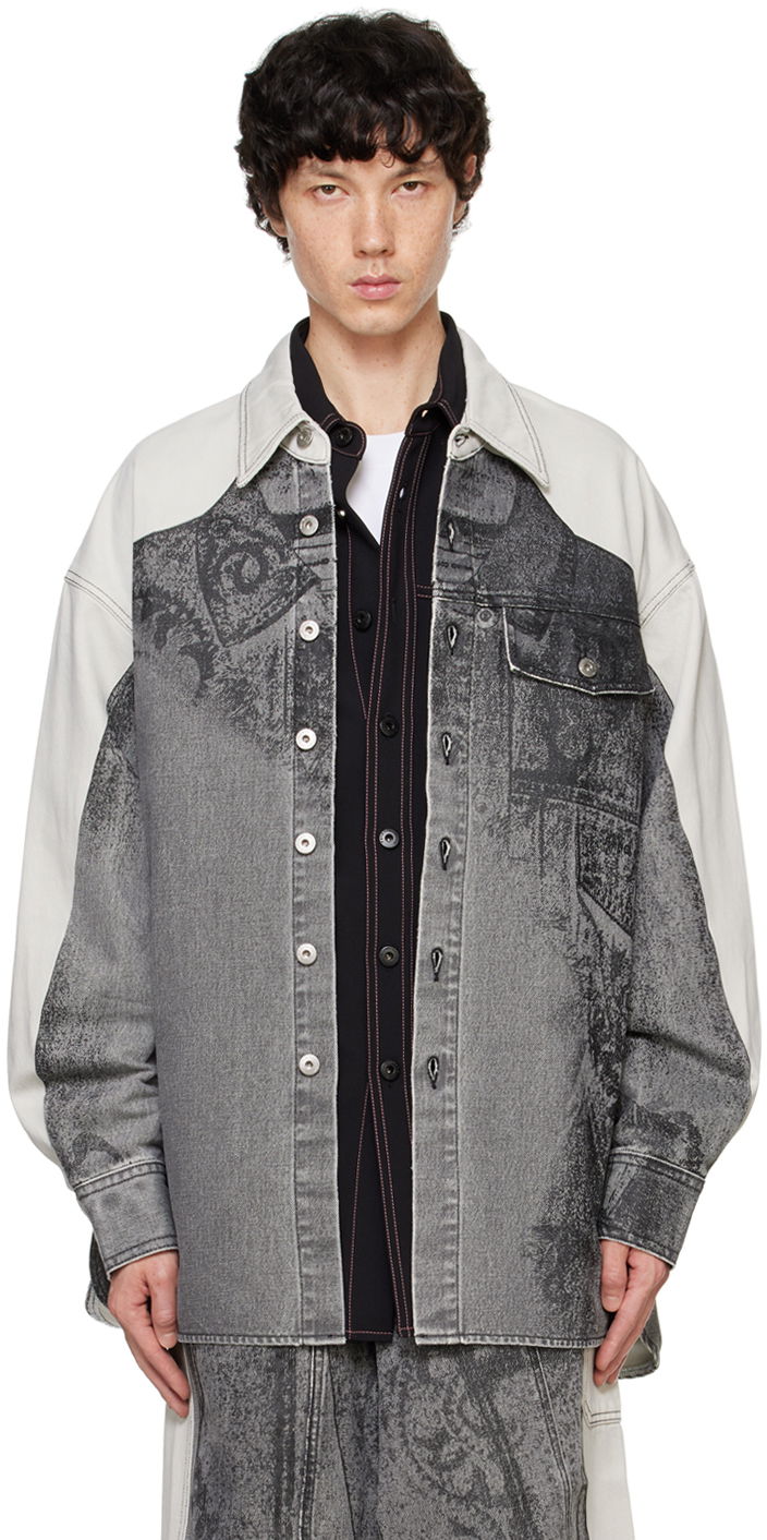 Skjorte Feng Chen Wang Feng Chen Wang Printed Denim Jacket Grå | FUF18JK04B