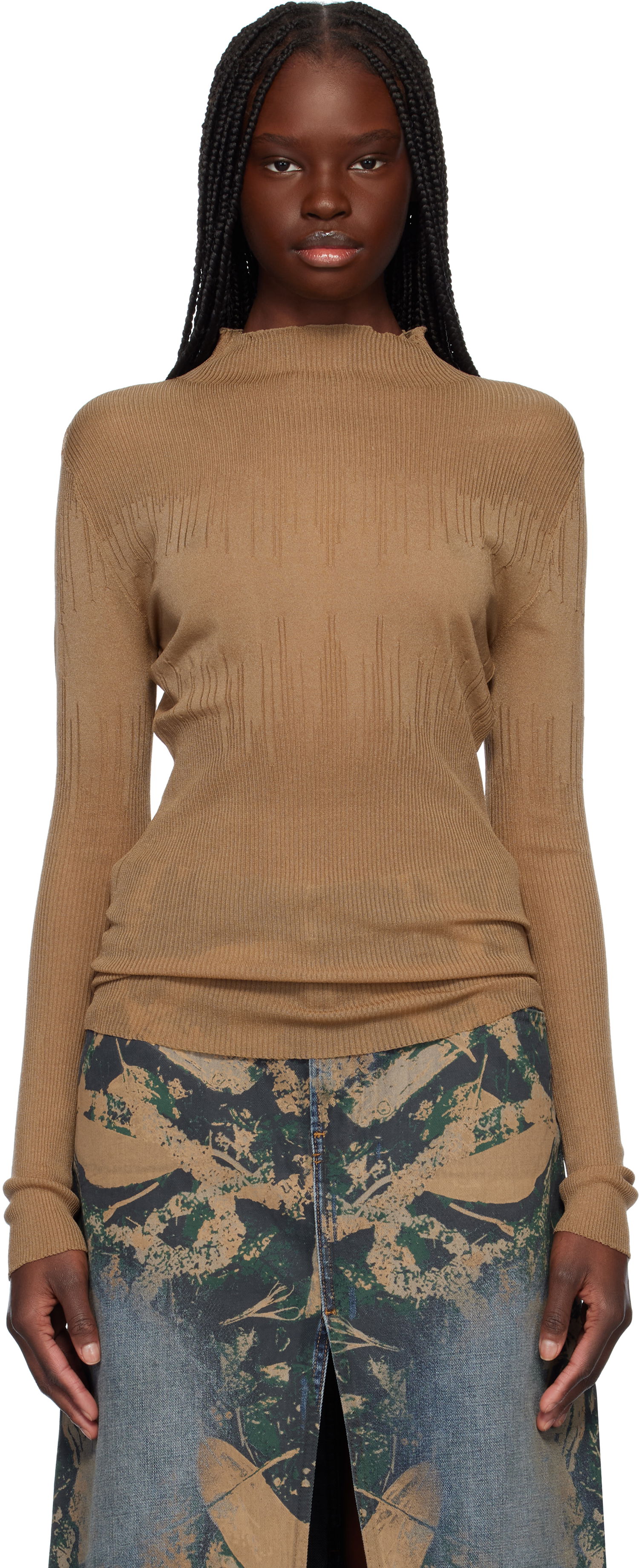 Sweater Feng Chen Wang Feng Chen Wang Transparent Ribbed Knit Sweater Brun | FUS19KT03, 0
