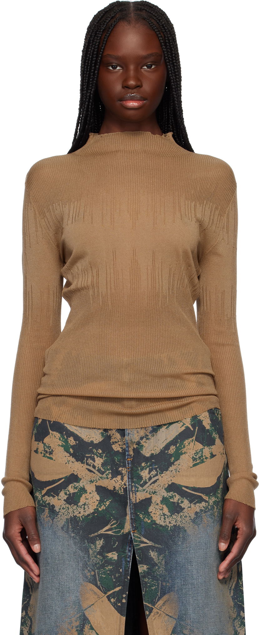 Sweater Feng Chen Wang Feng Chen Wang Transparent Ribbed Knit Sweater Brun | FUS19KT03