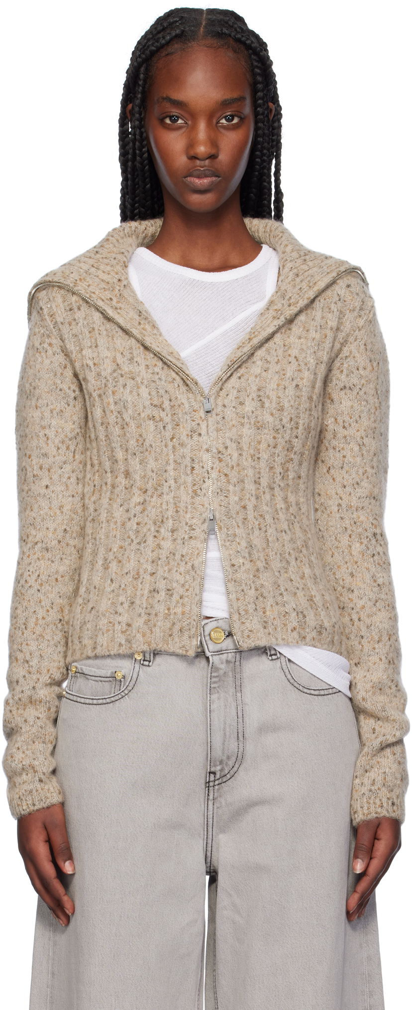 Sweater GANNI Highneck Zip Cardigan Beige | K2277