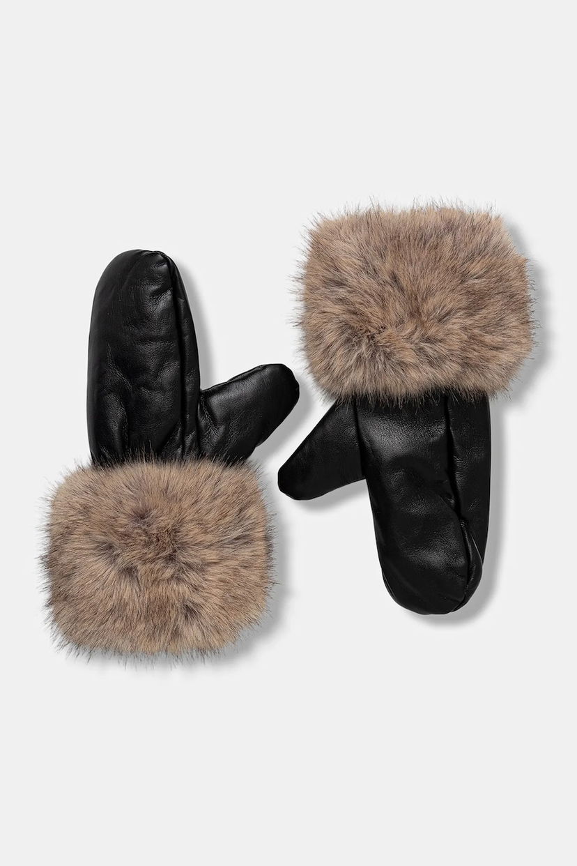 Handsker STAND STUDIO Jane Leather Mittens with Faux Fur Cuffs Sort | 66564.9398