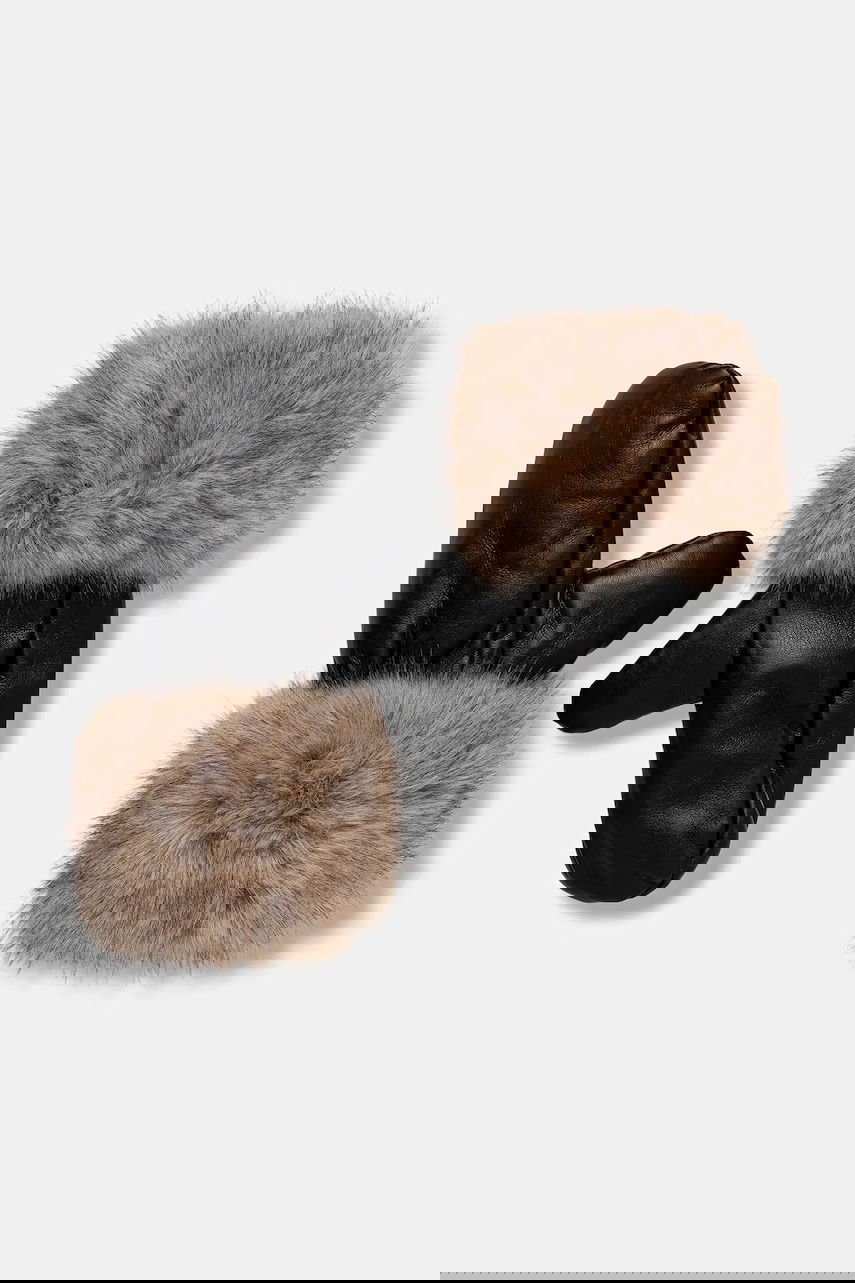 Handsker STAND STUDIO Jane Leather Mittens with Faux Fur Cuffs Sort | 66564.9398, 0