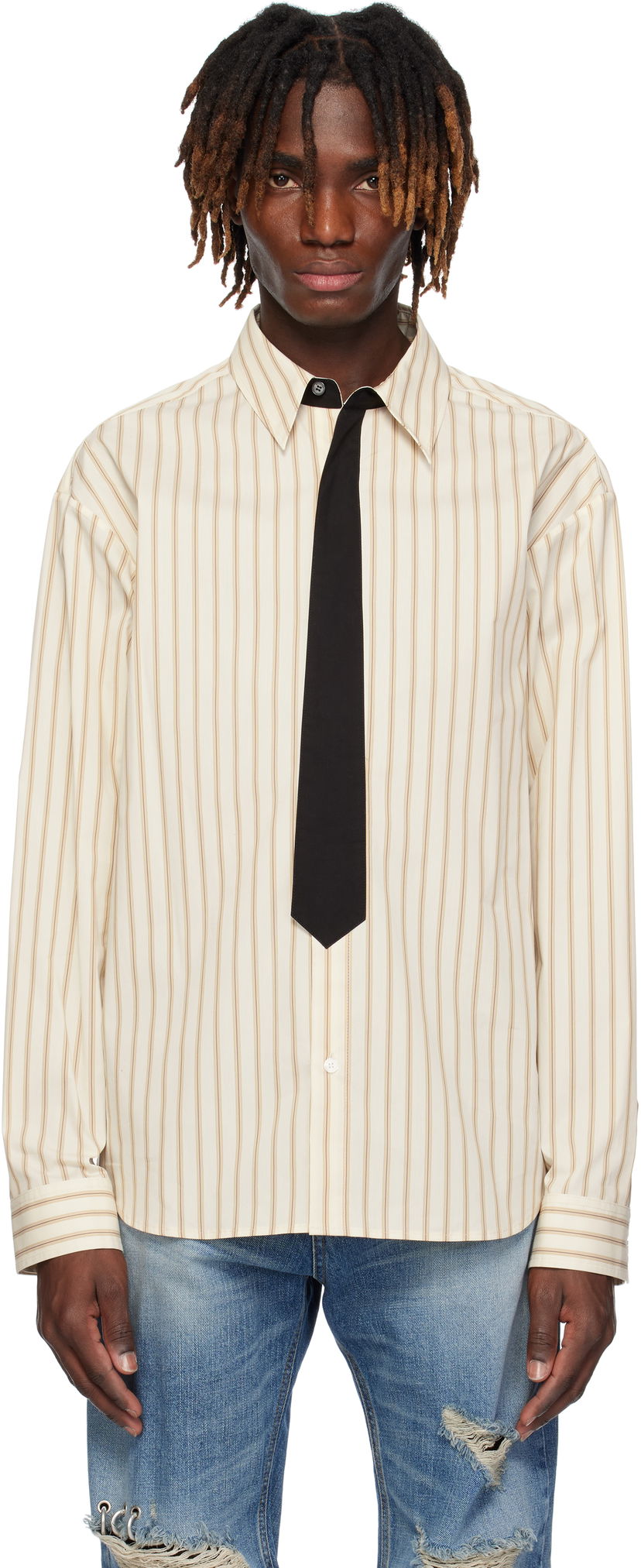 Skjorte We11done We11done Necktie Striped Shirt Beige | WD-SH0-25-161-M-BG