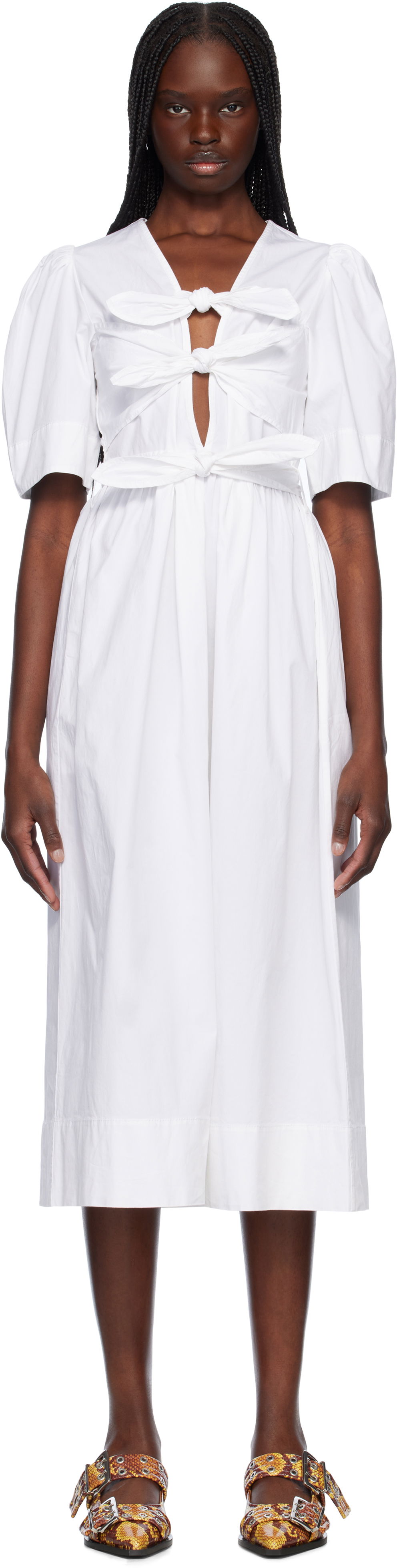 Kjole GANNI GANNI Stretch Cotton Tie Strap Midi Dress Hvid | W0306, 0