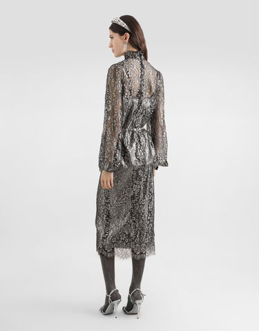 Skjorte Dolce & Gabbana High-neck Long-sleeve Lamé Lace Top with Scalloped Hem, Collection Metalisk | F7BD7TILMCFS0998, 2
