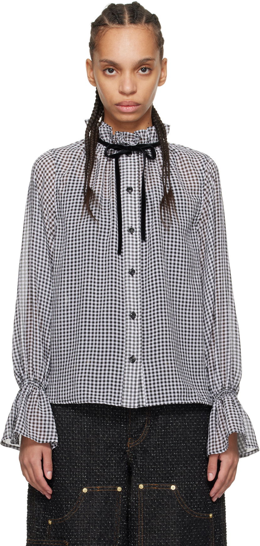 Skjorte GANNI Ganni Sheer Check Tie-Neck Blouse Hvid | W0155
