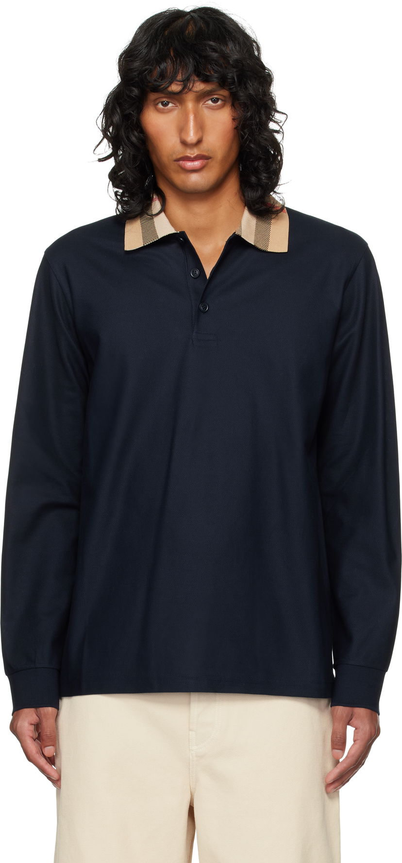 Polo skjorte Burberry Burberry Check Collar Long Sleeve Polo Mørkeblå | 8098813