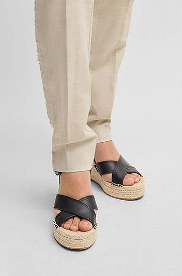 Tilbehør BOSS Leather Strap Wedge Espadrilles Sort | 50546334, 1