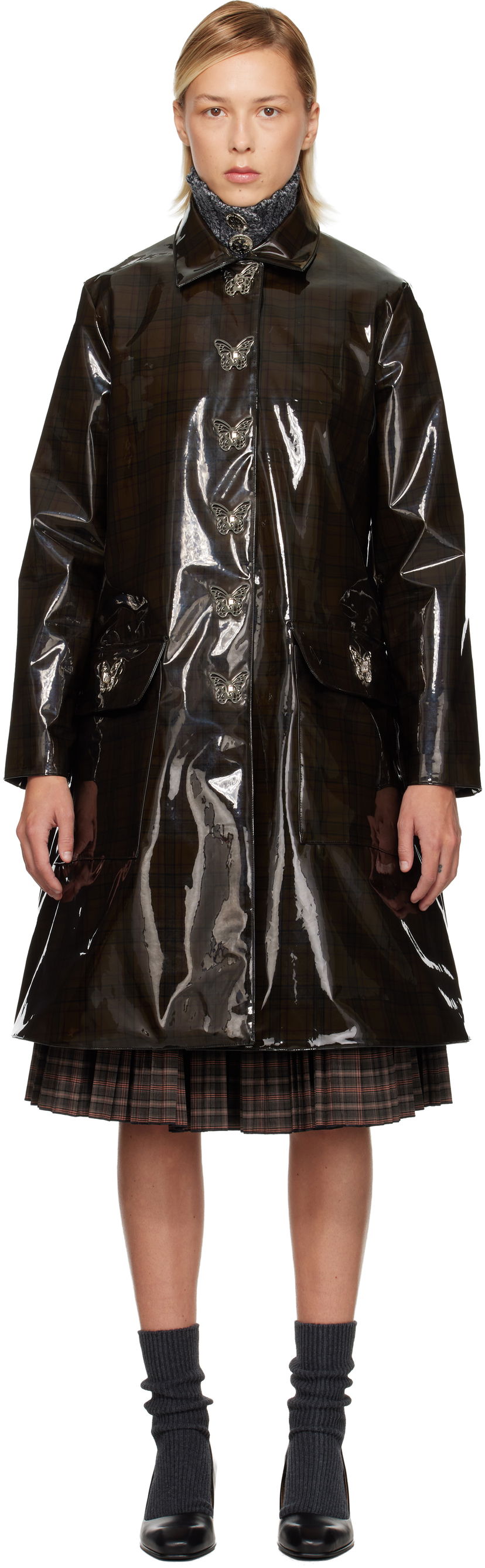 Regnfrakke Chopova Lowena Chopova Lowena Squelchy Plaid Coat Brun | 5321