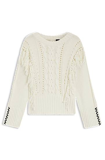 Sweater BOSS Cable Knit Sweater with Fringe Hvid | 50543949, 0