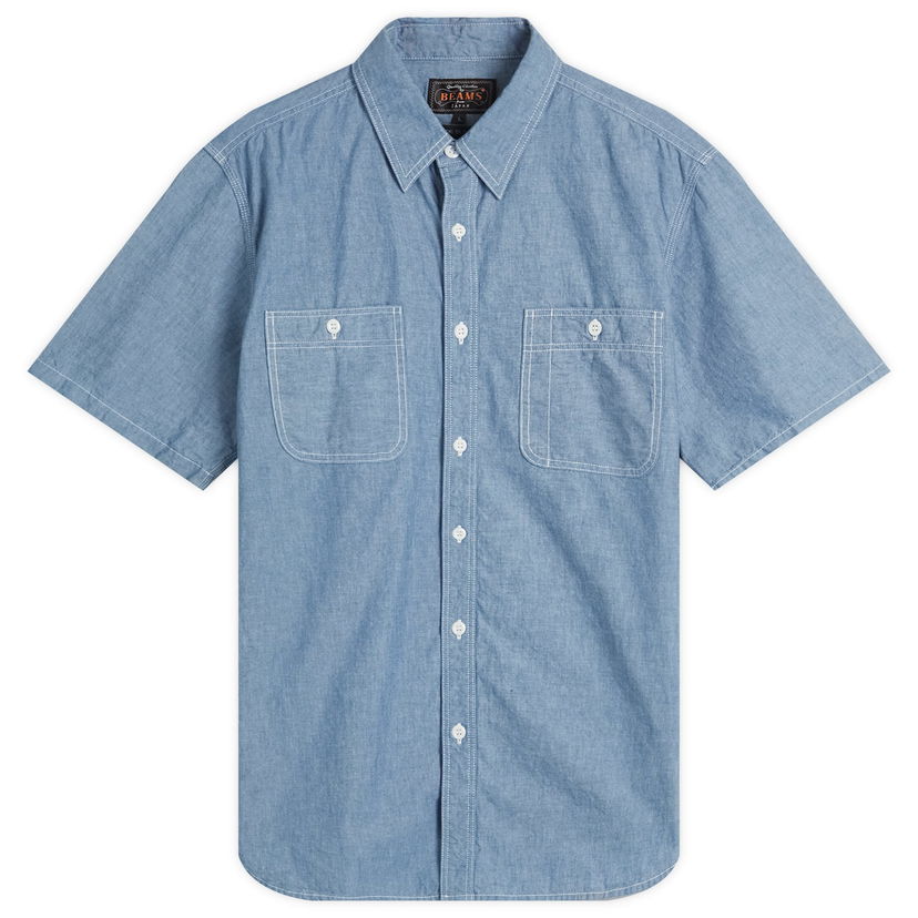 Skjorte BEAMS Beams Plus Short Sleeve Work Shirt, Size Large Blå | 3801-0004-139-70