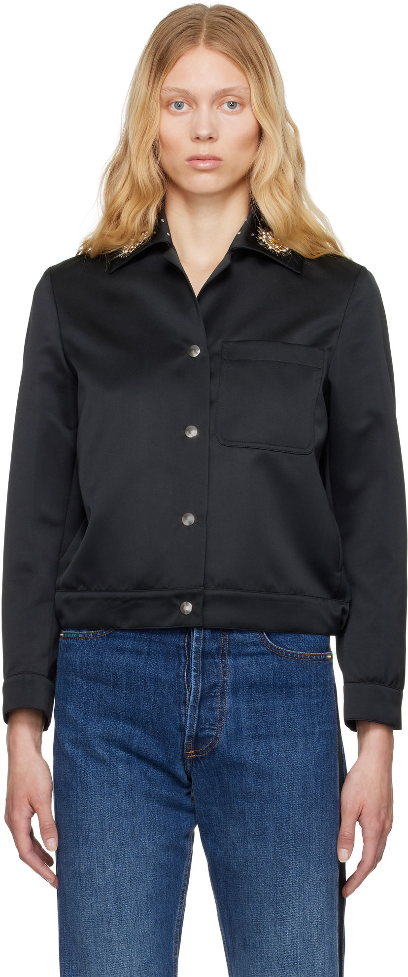 Skjorte Wales Bonner Wales Bonner 'The Flora' Cropped Satin Jacket Sort | WS25JA18-PL03-999