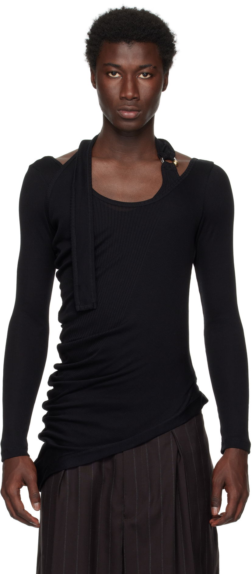 T-shirt Jean Paul Gaultier Jean Paul Gaultier Ribbed Twisted Double Layer Piercing T-Shirt Sort | 25/03-W-TO287-J000-00