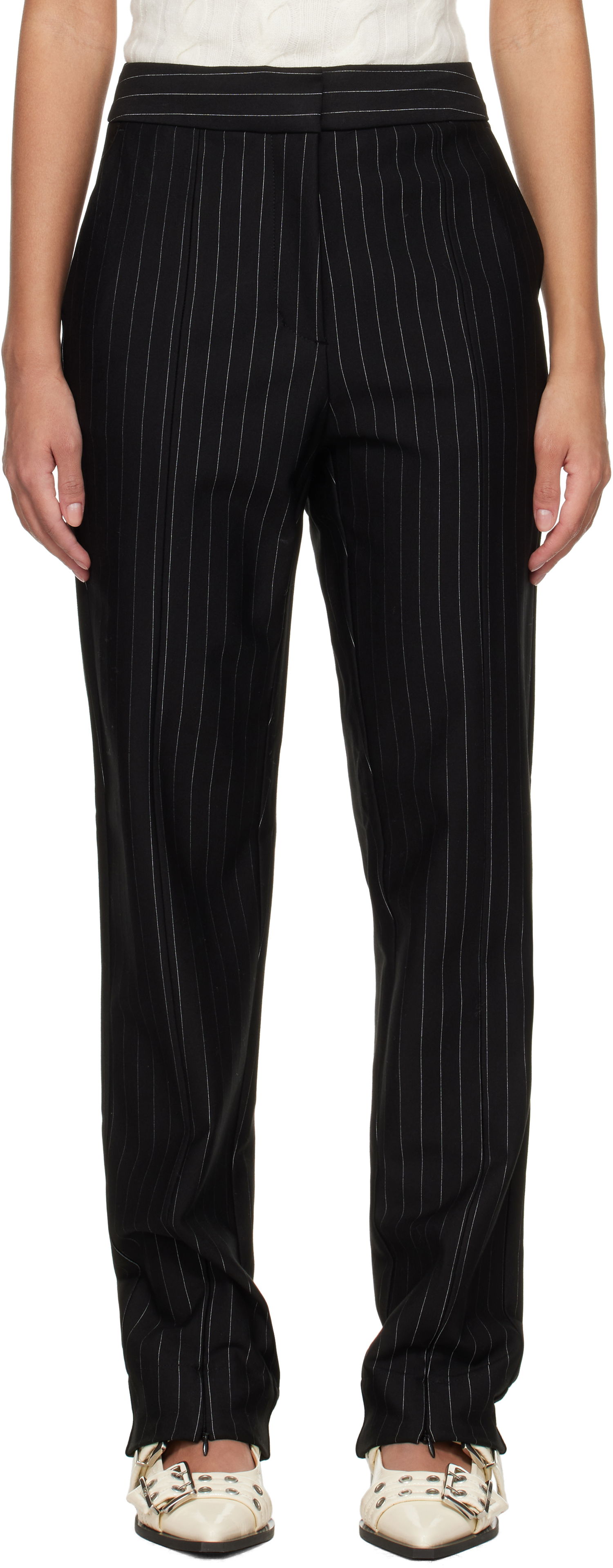Bukser GANNI GANNI Mid Waist Pinstripe Trousers Sort | T4100, 0