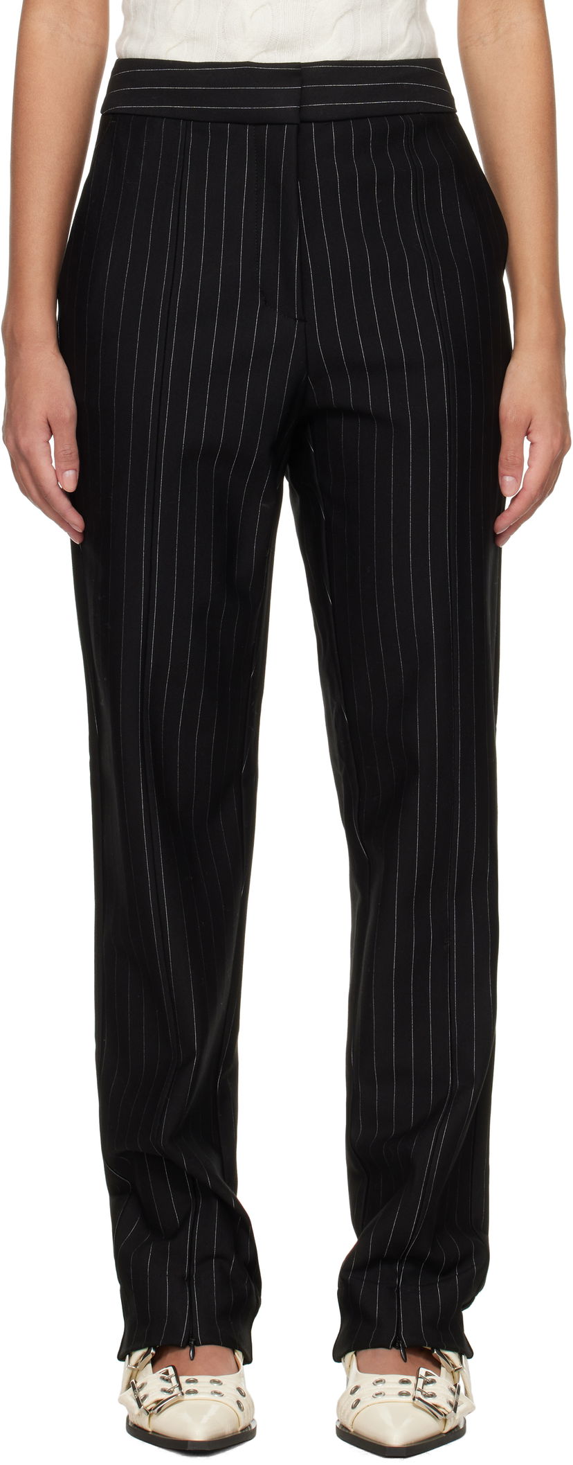 Bukser GANNI GANNI Mid Waist Pinstripe Trousers Sort | T4100