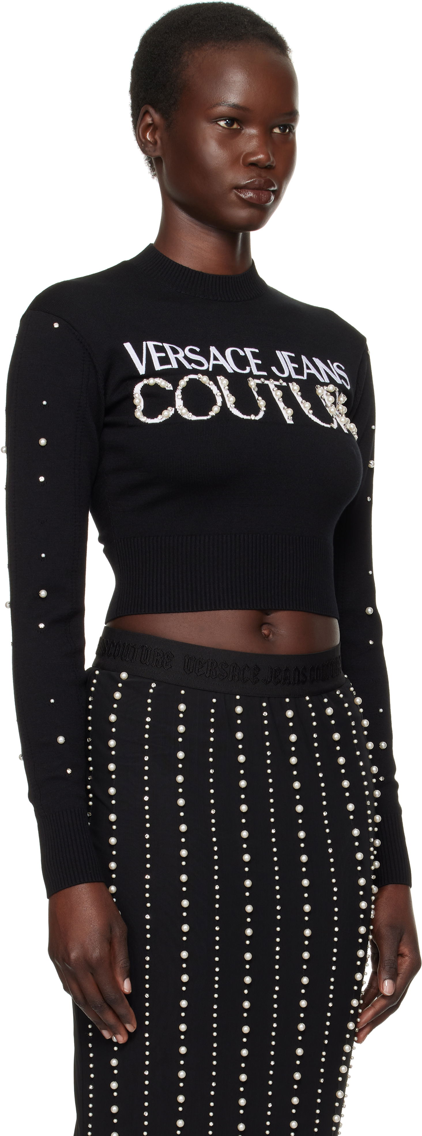 Sweater Versace Embellished Logo Cropped Sweater Sort | E77HAFM30_ECMN60, 1