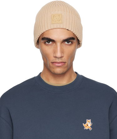 Beanie MAISON KITSUNÉ Maison Kitsuné Fox Head Leather Patch Beanie Beige | OW06110KT1140, 0