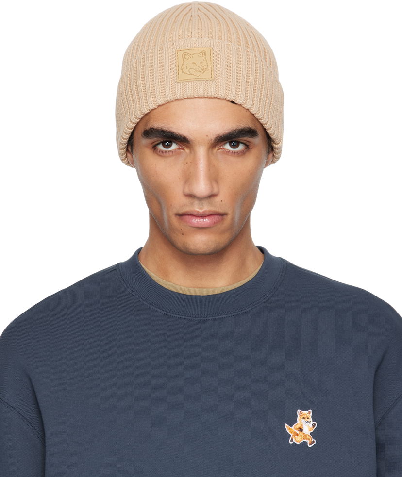 Beanie MAISON KITSUNÉ Maison Kitsuné Fox Head Leather Patch Beanie Beige | OW06110KT1140