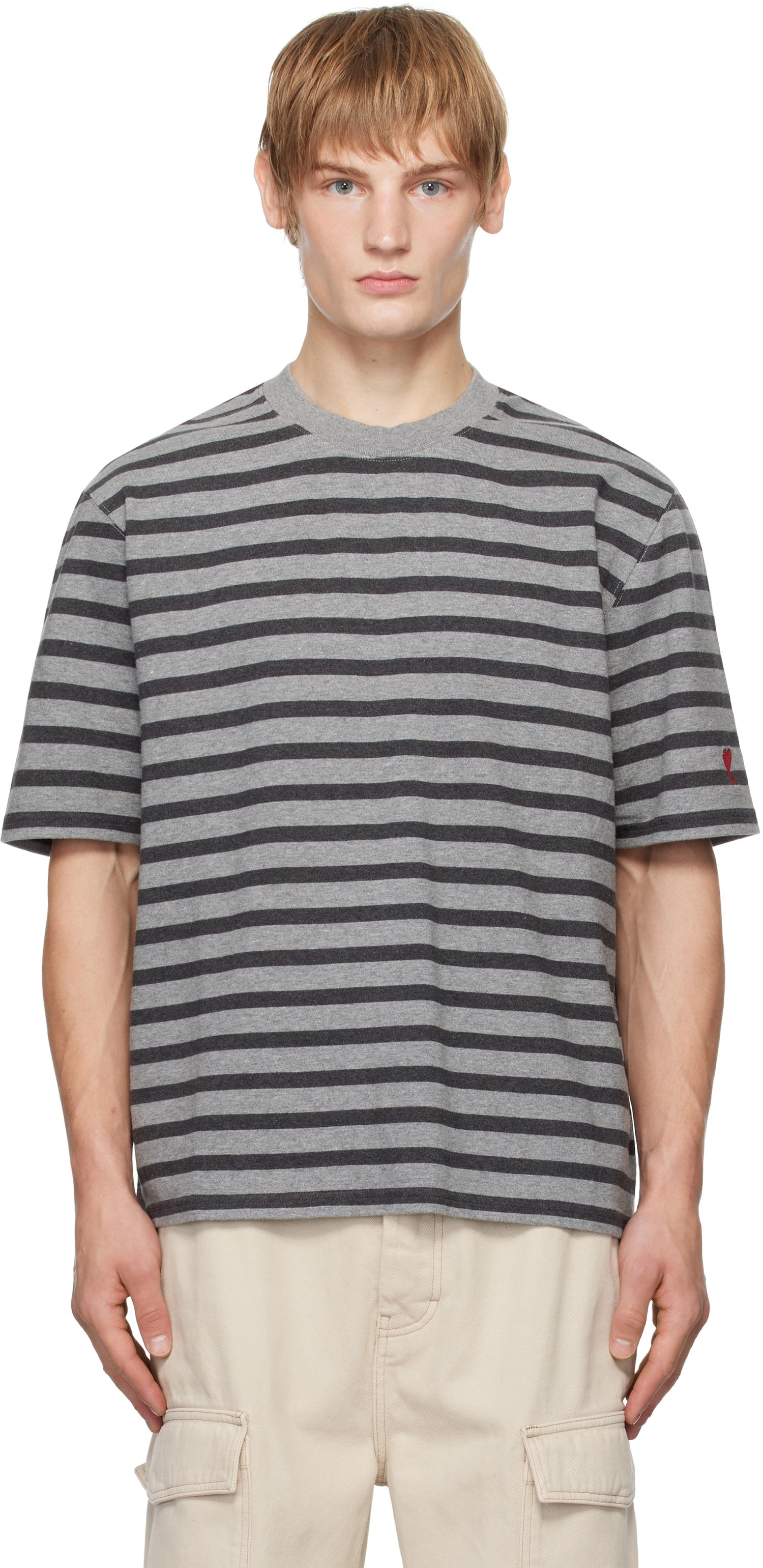 T-shirt AMI Striped T-Shirt Grå | HTS045.JE0084, 0