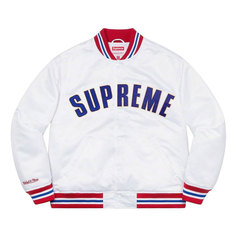Bomberjakke Supreme Mitchell & Ness Satin Varsity Jacket Hvid | SUP-SS21-643