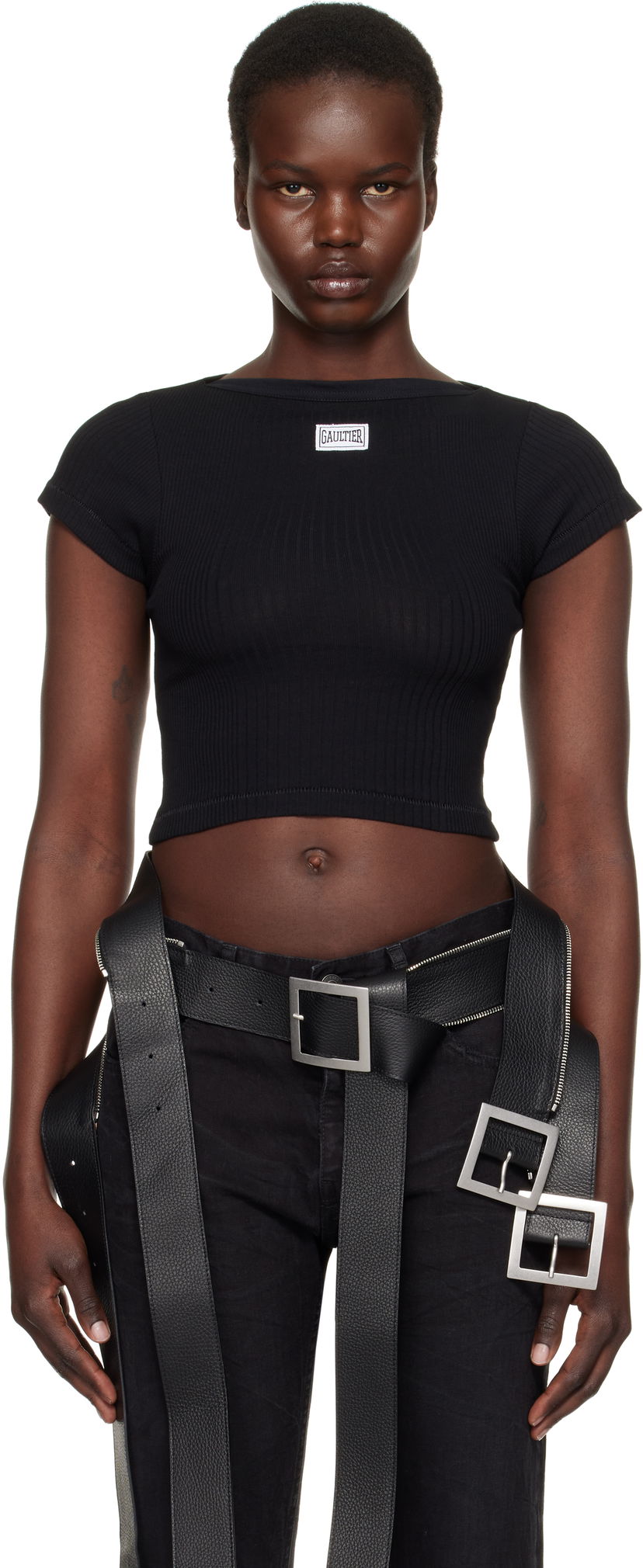 Crop top Jean Paul Gaultier Jean Paul Gaultier 'The Patch' Ribbed Crop T-Shirt Sort | 25/33-F-TS105P-J054-00