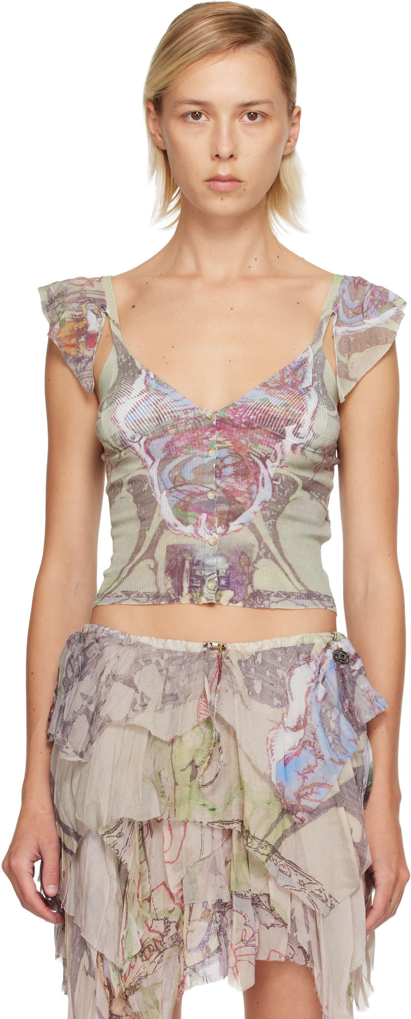 Crop top Diesel M-Fiore Ruffled V-Neck Button-Front Top Flerfarvet | A18872 0AFBZ
