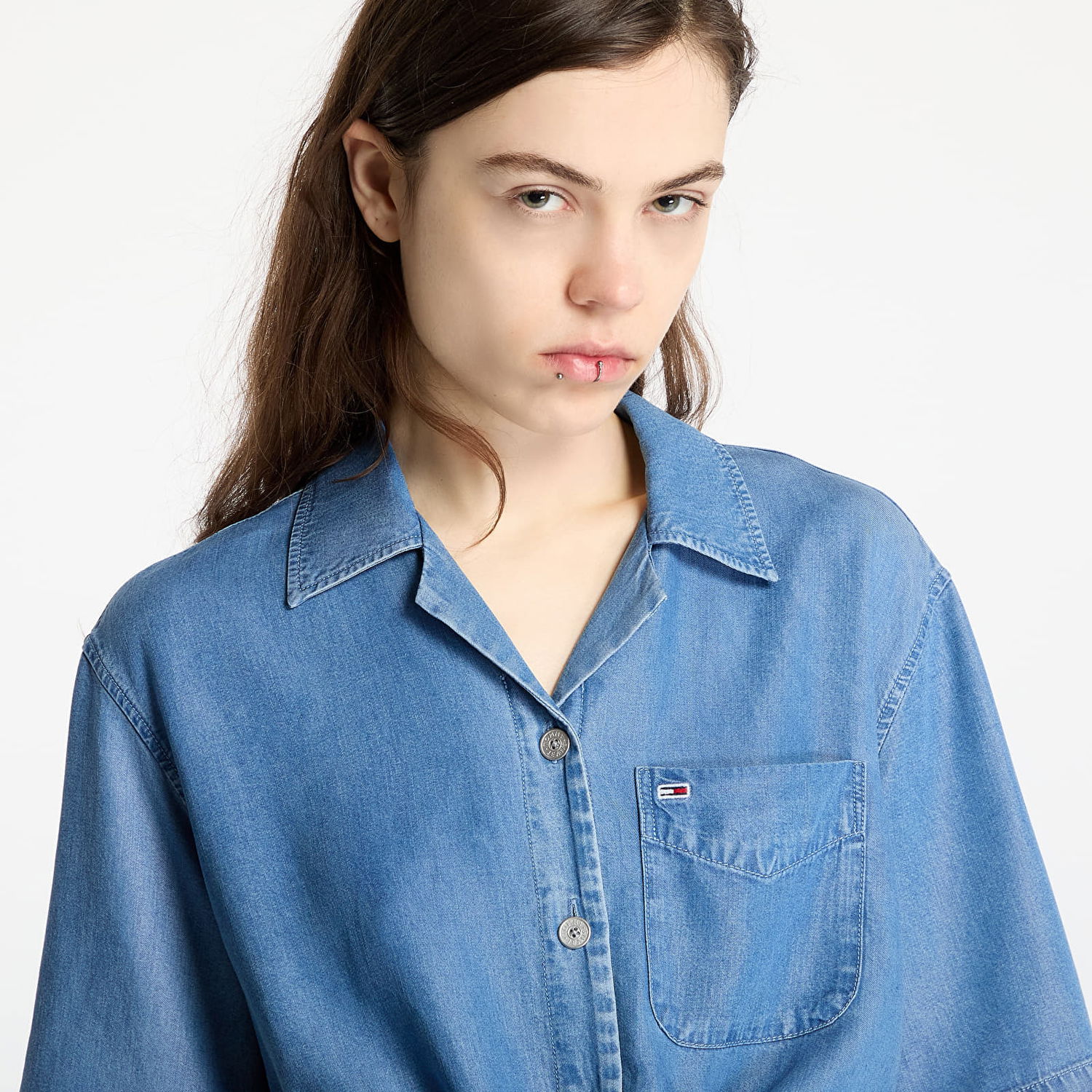 Skjorte Tommy Hilfiger Tommy Jeans Women's Chambray Tie Front Short Sleeve Shirt Blå | DW0DW20603 1A4, 1