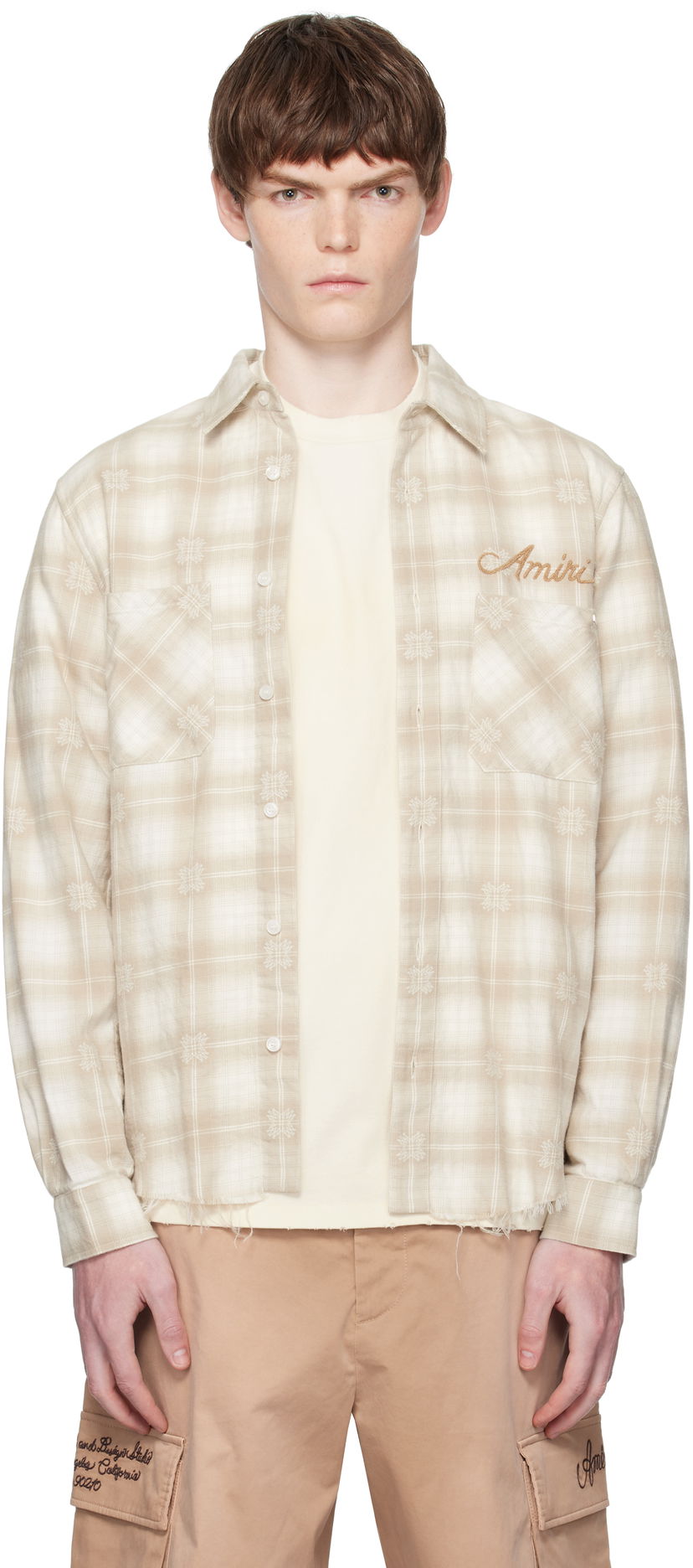 Skjorte AMIRI Amiri Bleach Bandana Patch Flannel Shirt Beige | AMSTFL1015
