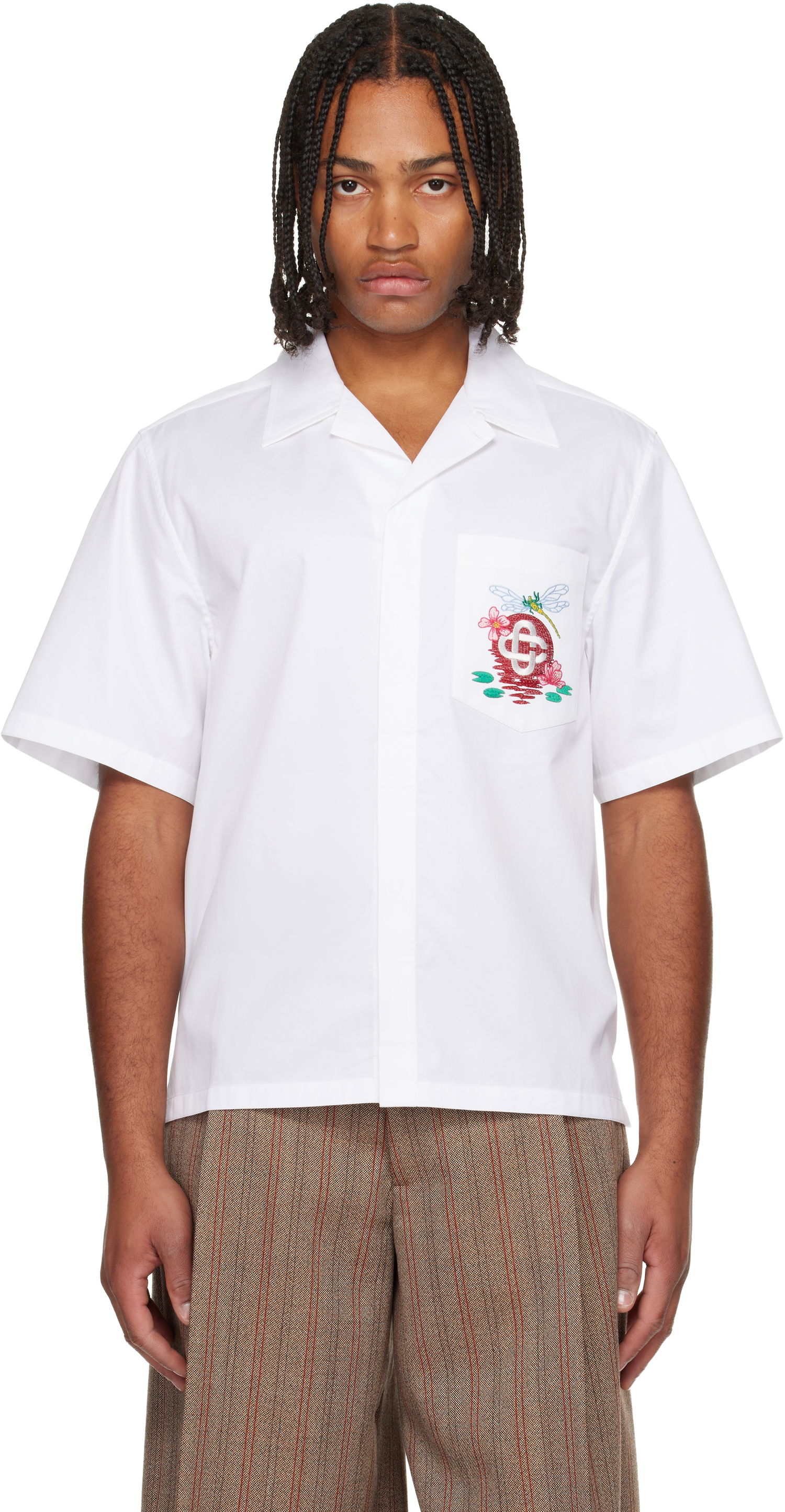 Skjorte Casablanca Cotton Poplin Dragonfly and Floral Embroidered Short Sleeve Cuban Collar Shirt Hvid | M-AW25-SH-209-01, 0