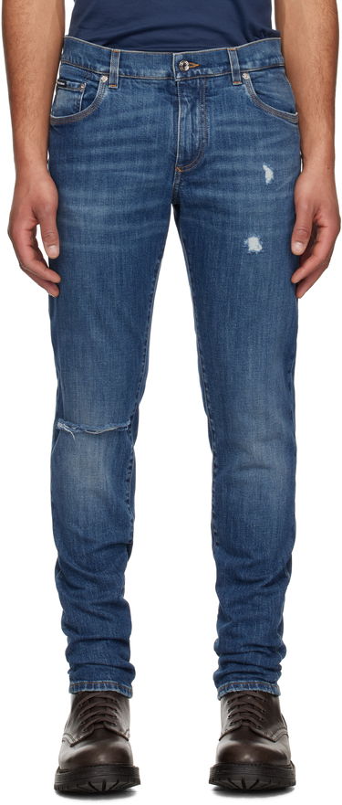 Jeans Dolce & Gabbana Dolce&Gabbana Slim-Fit Stretch Jeans with Logo Embroidery Blå | GY07CZG8MX3, 0
