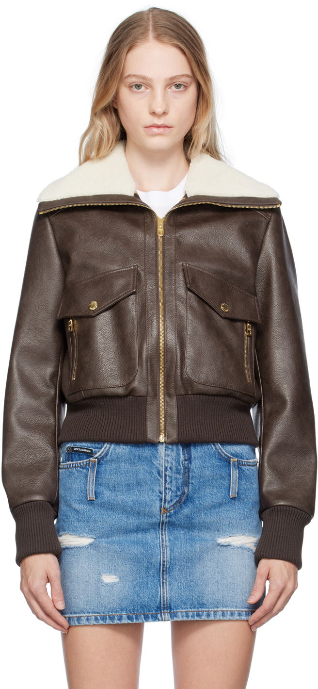 Jakke Dolce & Gabbana Brown Faded Faux-Leather Jacket Brun | F9Q87T GDBTY
