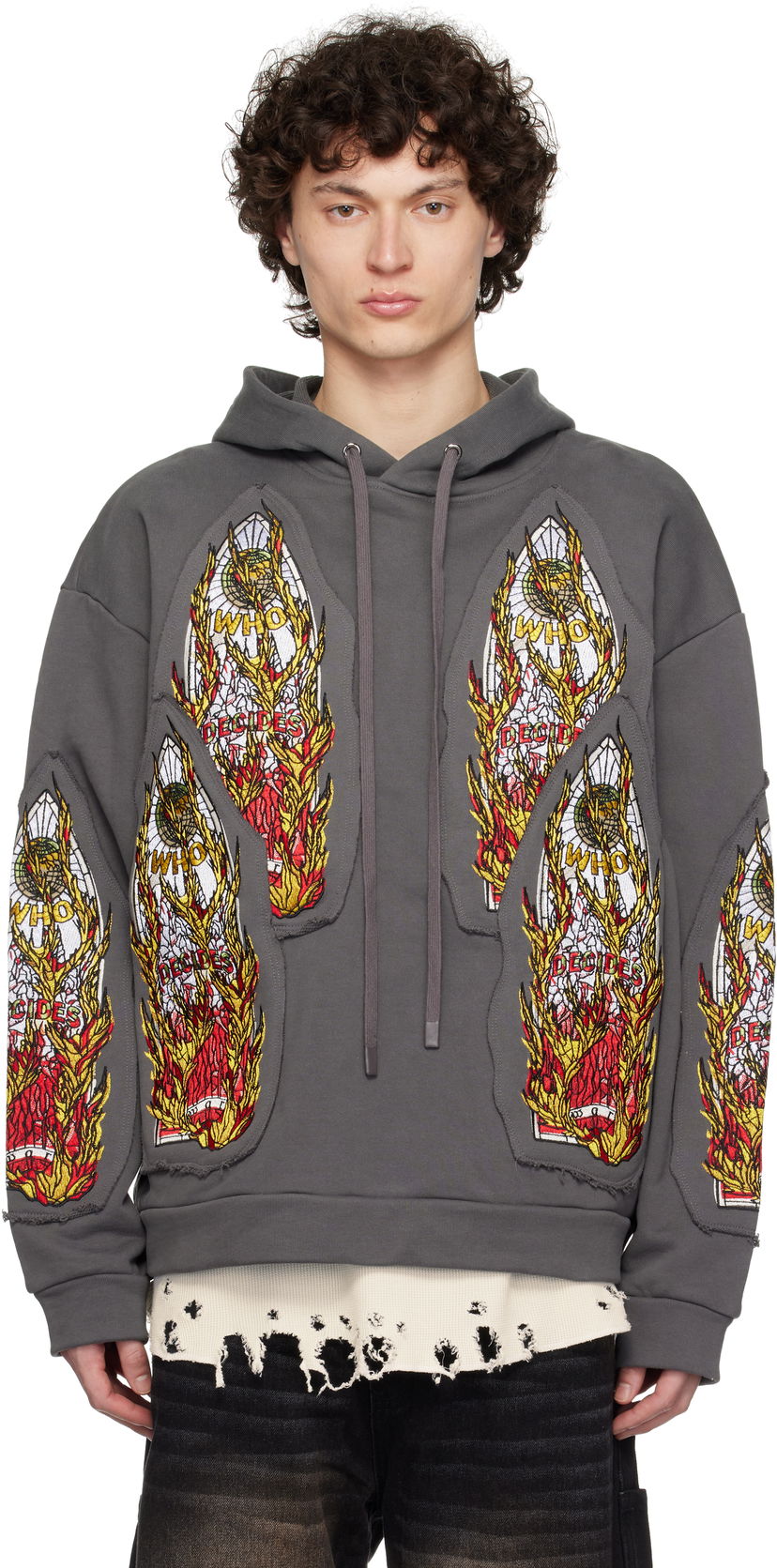 Sweatshirt Who Decides War Who Decides War Flame Glass Embroidered Hoodie Grå | 1110210021SS25