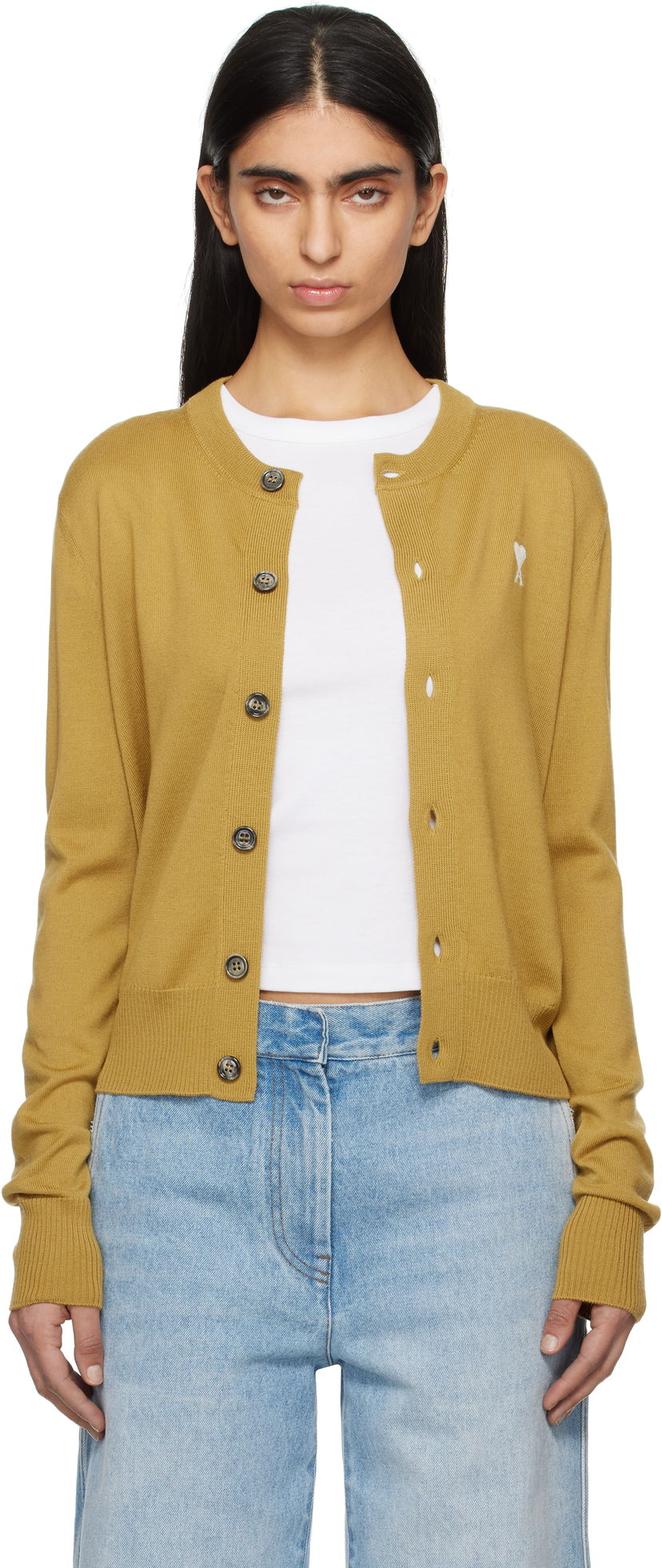 Sweater AMI AMI Paris Ami de Coeur Wool Cardigan Gul | FKC221.KN0025