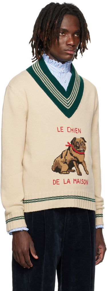 Sweater Valentino Valentino 'Le Chien De La Maison' Jacquard Wool V-Neck Sweater Beige | 7V3KC35EB2M, 1
