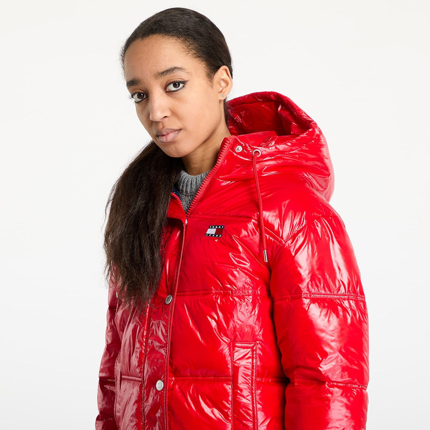 Puffer jakke Tommy Hilfiger Tommy Jeans Shiny Hooded Badge Jacket Rød | DW0DW20210 XME, 1