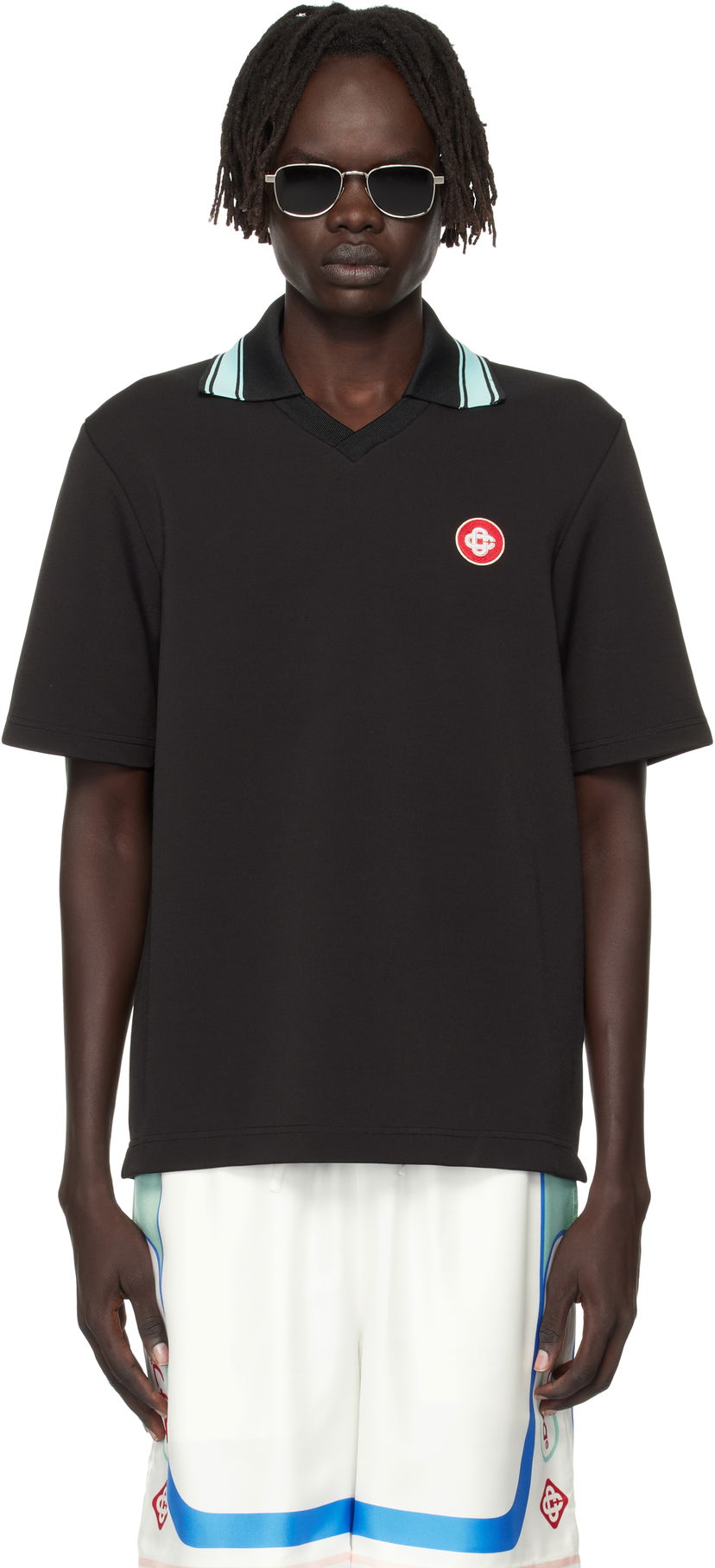 Polo skjorte Casablanca Casablanca Double V-Neck Short Sleeve Polo Sort | MPF25-JTP-381-01