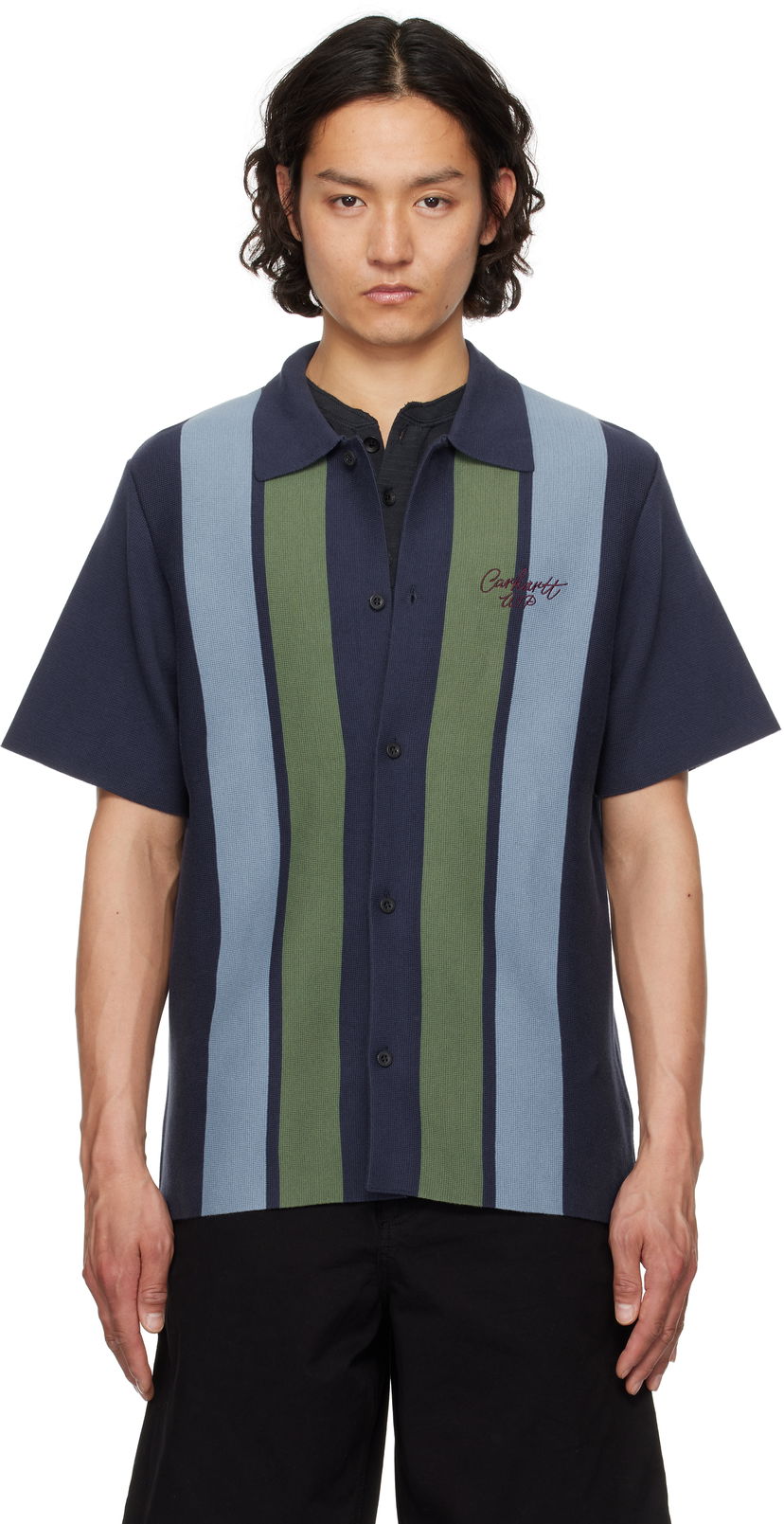 Skjorte Carhartt WIP Short Sleeve Memory Knit Striped Shirt Mørkeblå | I034533
