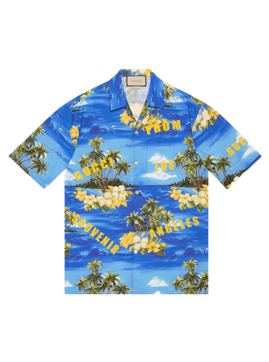 Skjorte Gucci Printed Cotton Poplin Bowling Shirt Blå | 694124 ZAJSR 4464