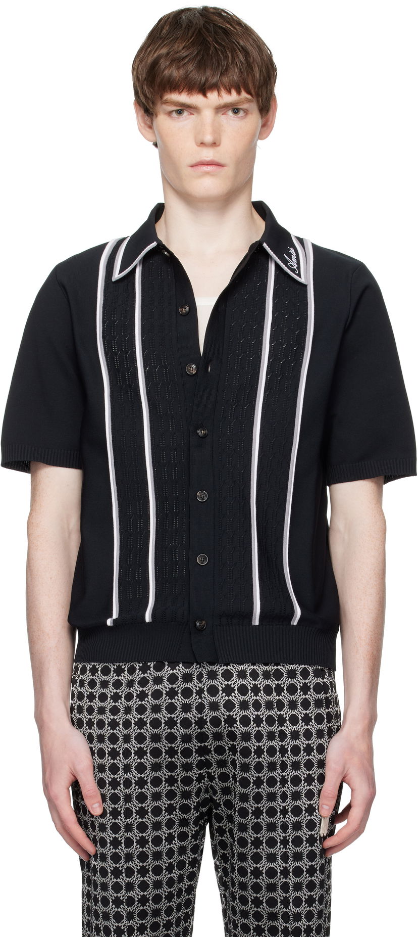 Polo skjorte AMIRI AMIRI Script Stripe Knit Polo Sort | AMKNIR1025